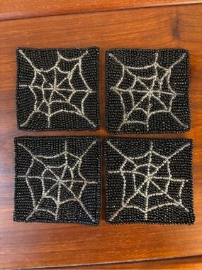 Beaded Spiderweb Coaster Set - Black with Silver Webs